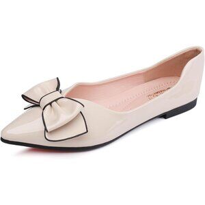 Women Apricot Artificial lacquer leather Pointed Toe Bow Foam Slip on Flats
